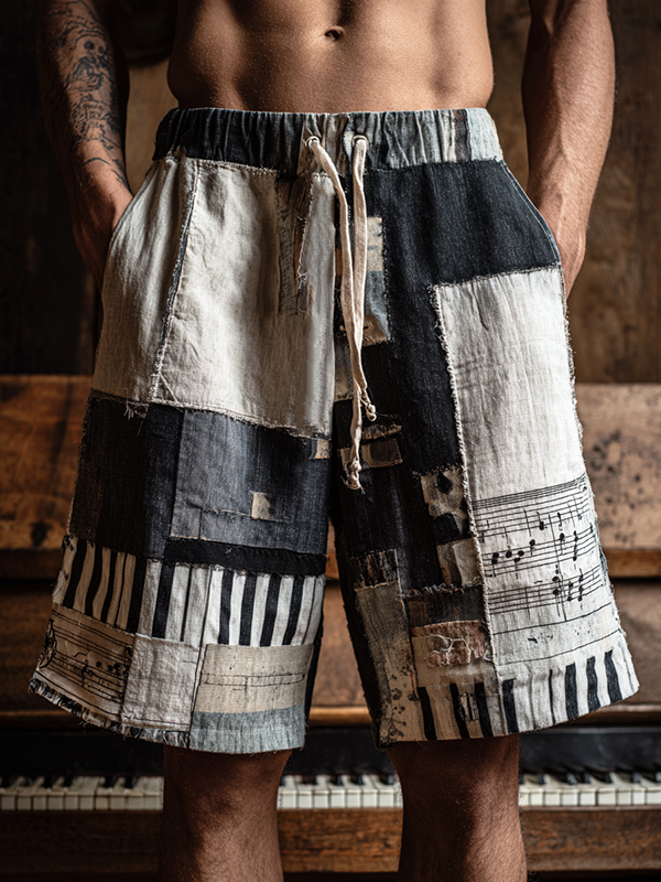 Men's Sheet Music And Piano Keys Geometric Patchwork Pattern Art Print Casual Shorts