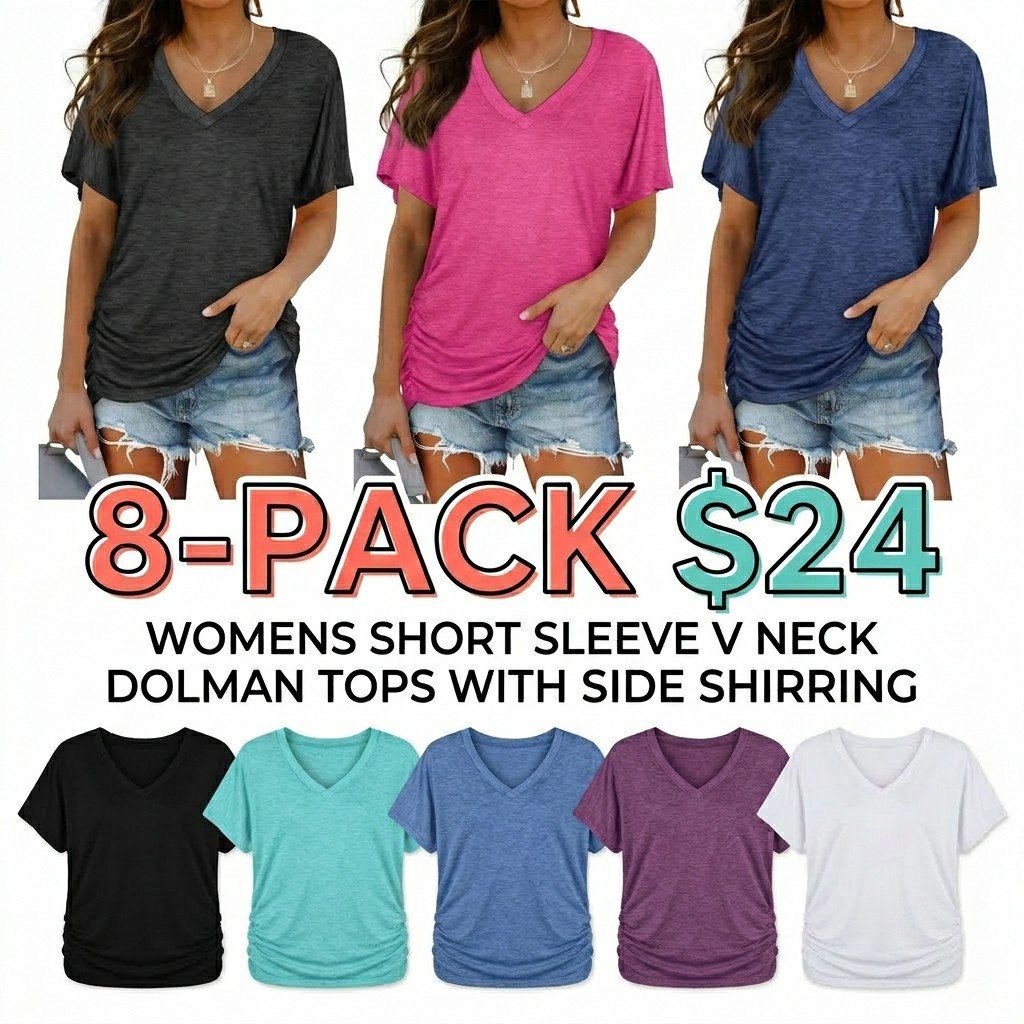 Women’s V-Neck Dolman Sleeve Loose Fit Shirred Top