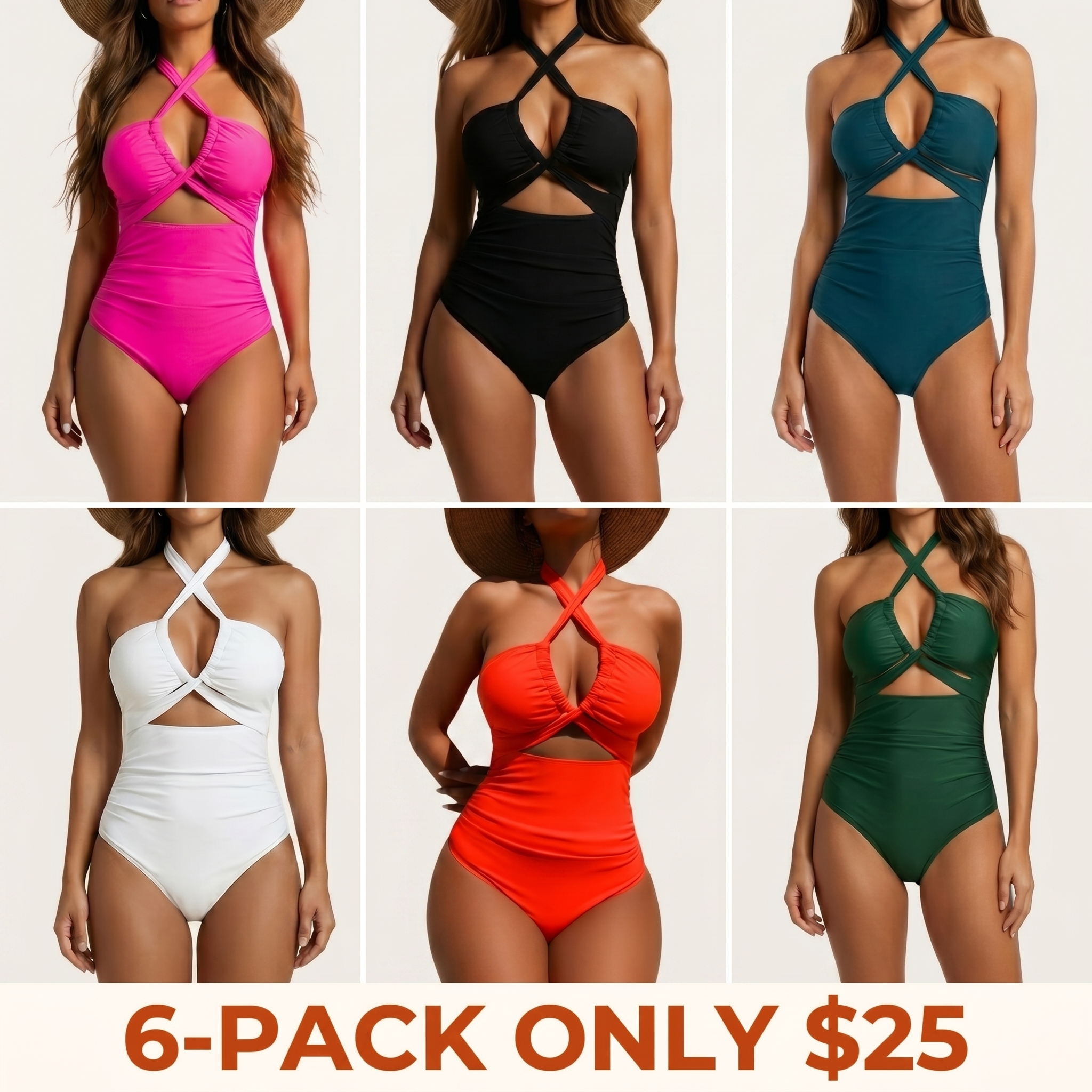 Women's Cross-Halter One-Piece Swimsuit — Sexy Cutout, Tummy Control & Slimming Effect, Deep V-Neck Design