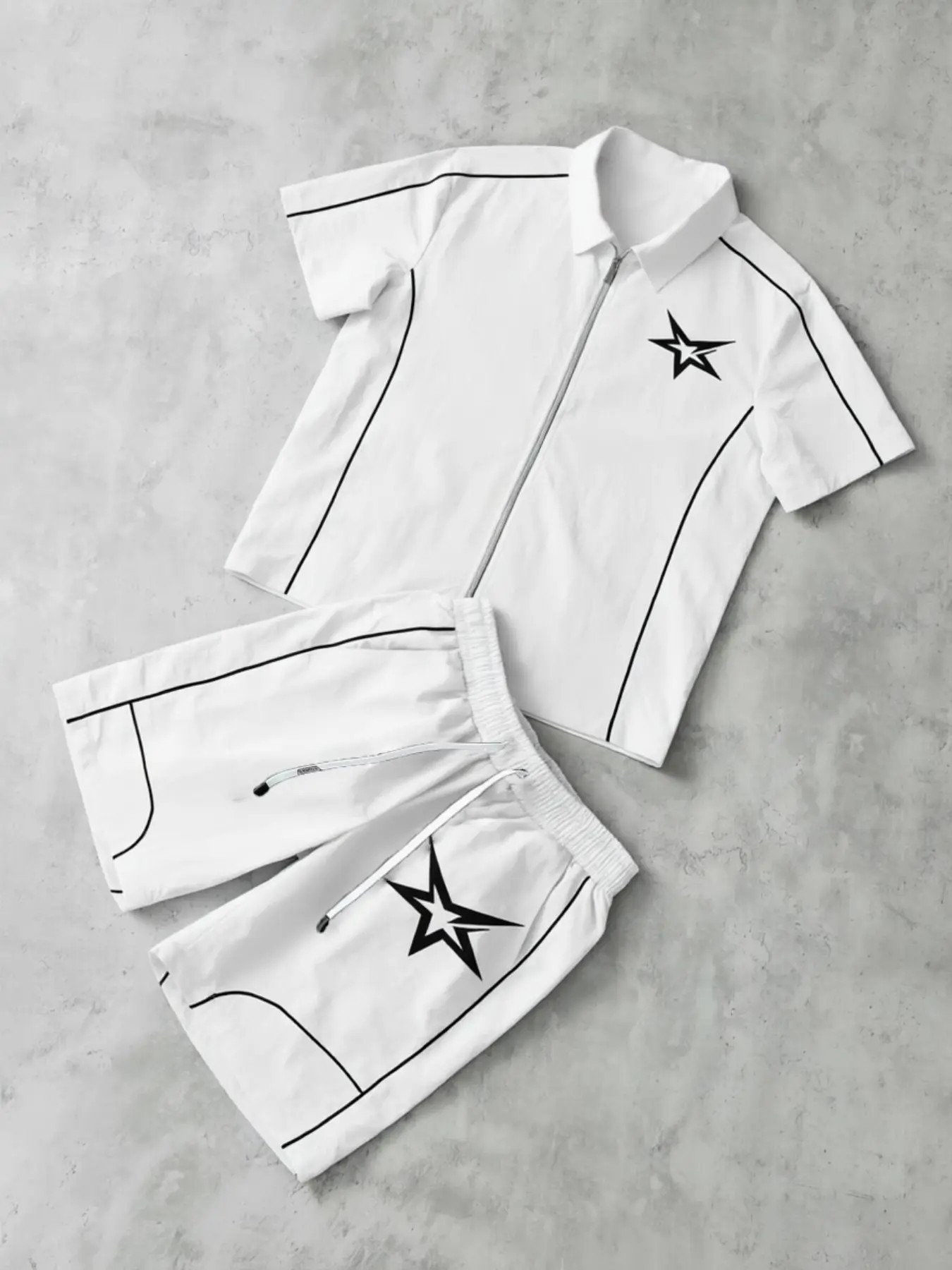 Stars Pattern Casual Set Short Sleeve Zipper Shirt + Gym Shorts Two-Piece Set