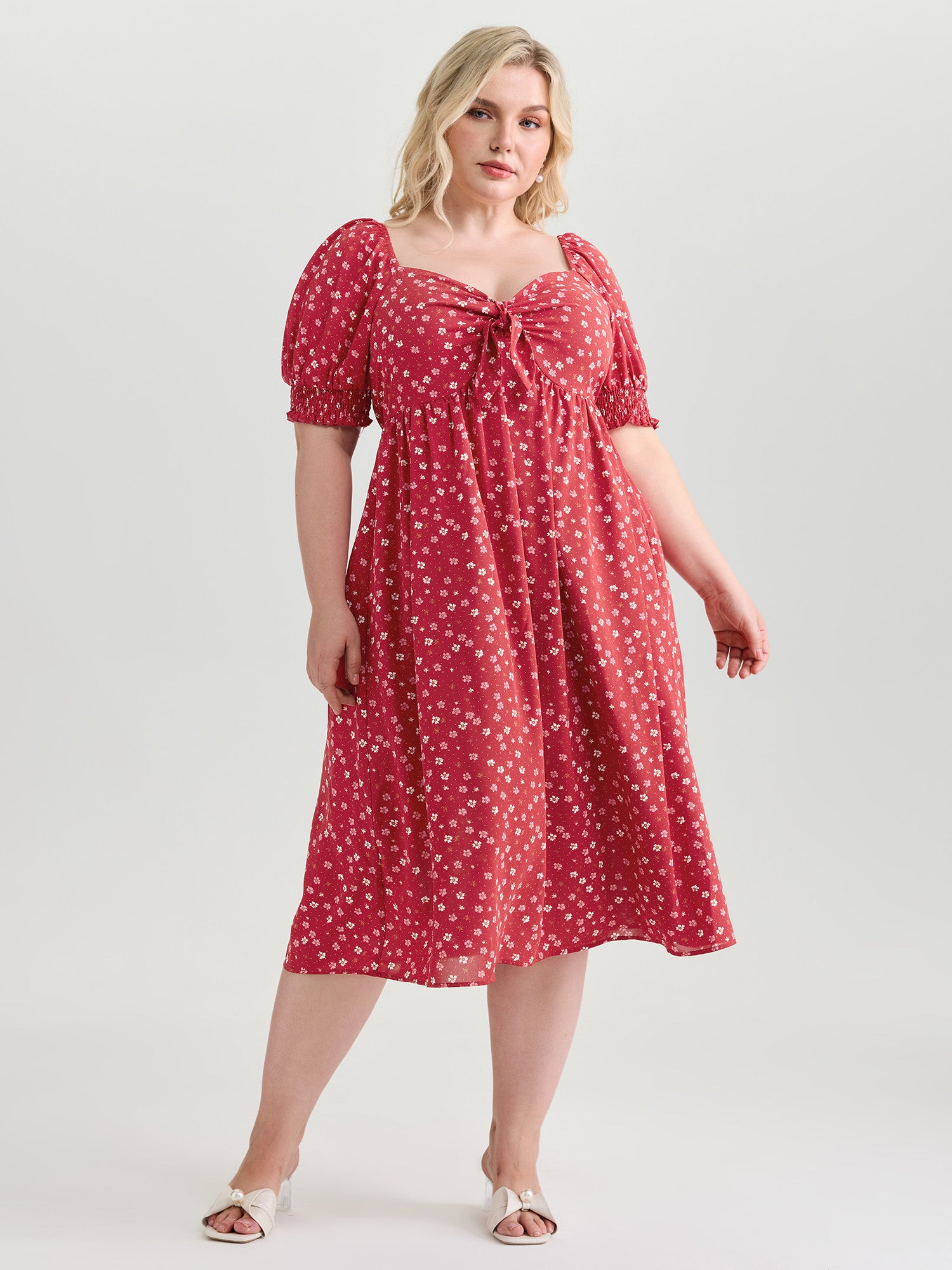Romantic Summer Floral Print Tie Midi Dress