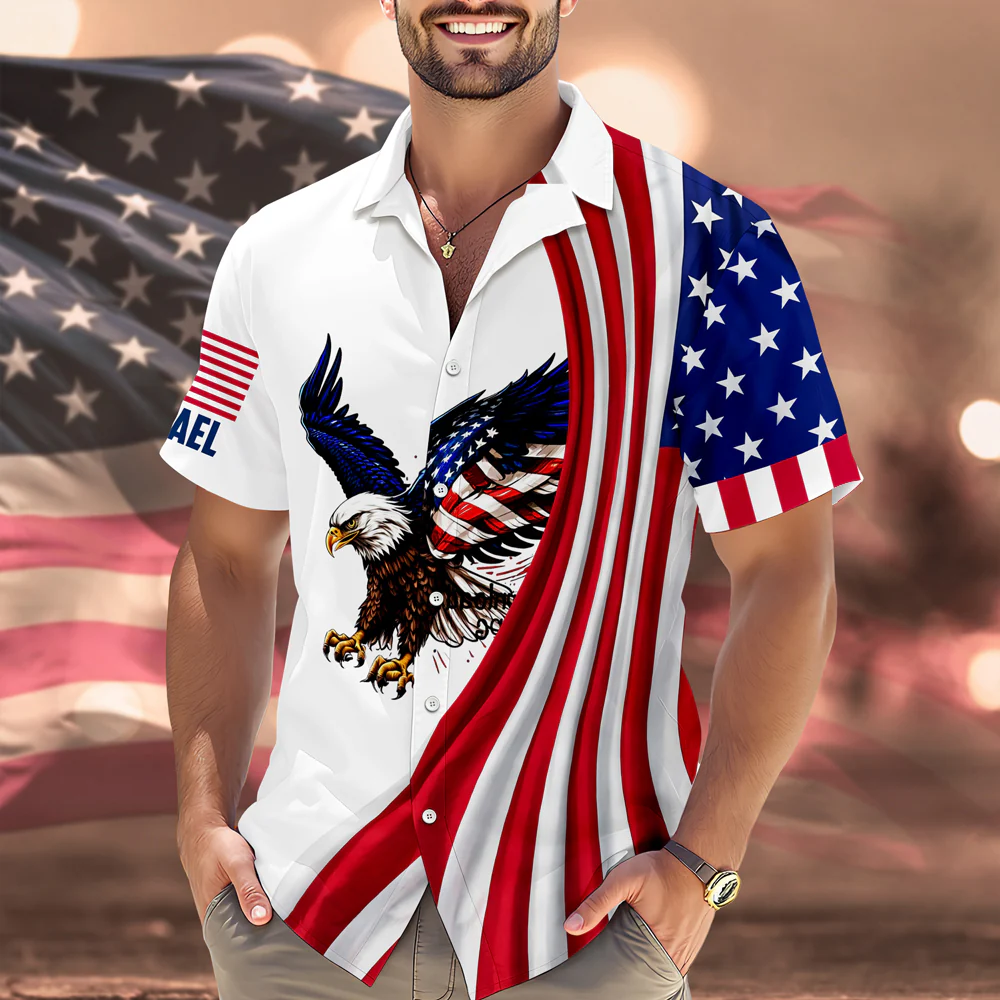 Men'S Casual American Flag Eagle Ribbon Art Printed Shirt