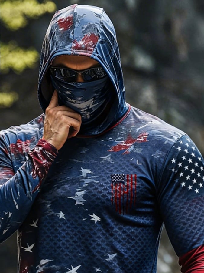 Men'S Outdoor Sun Protection Top: Breathable, Cooling, Long-Sleeve Hoodie With Built-In Face Mask And Contrast Print