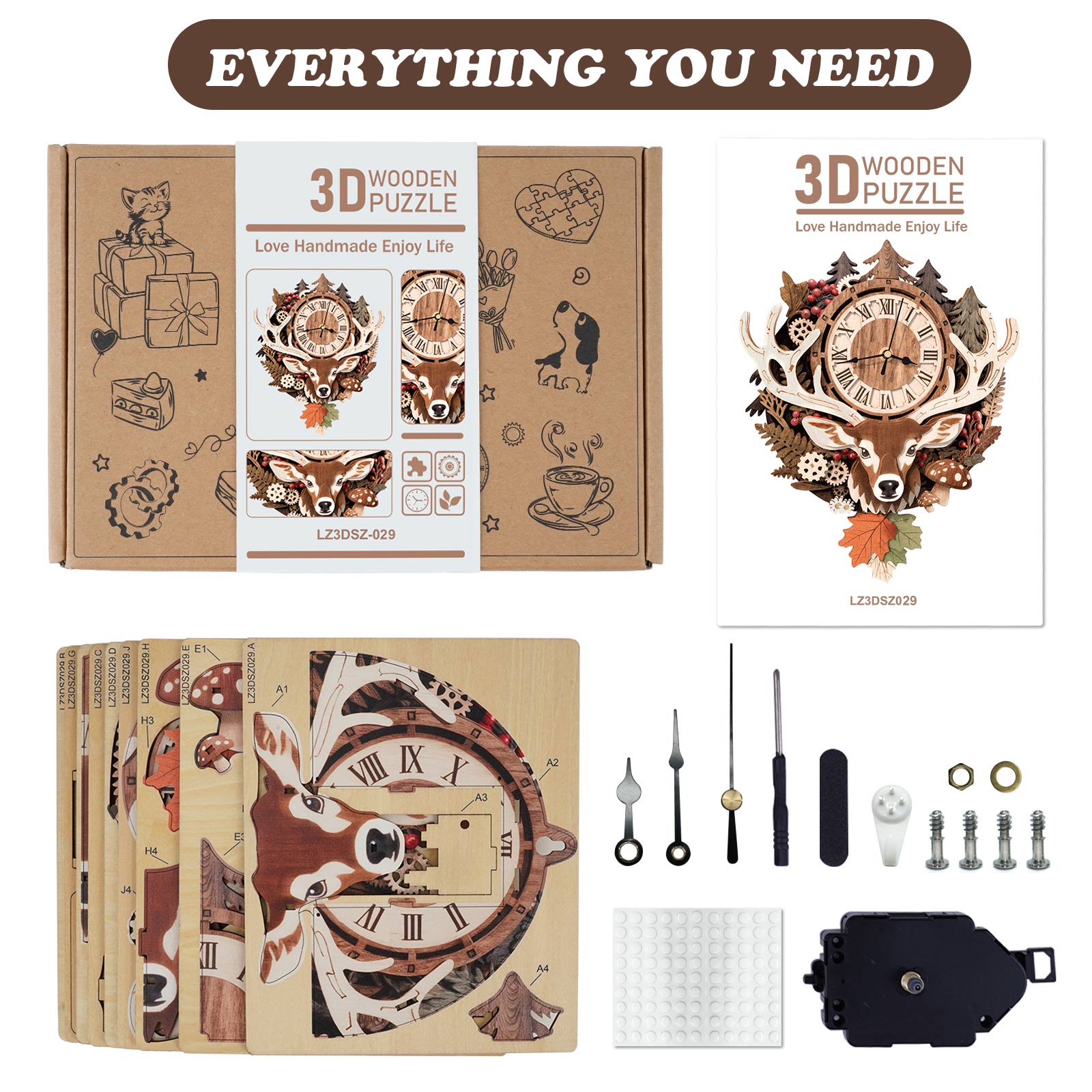 ReindeerDIY Wooden Clock, 3D Puzzle Craft Kit