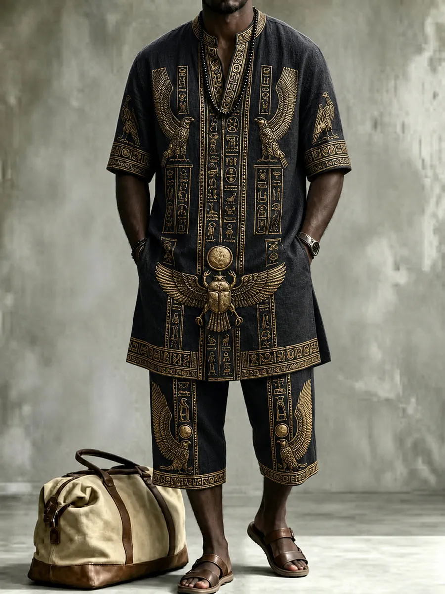Ancient Egyptian Black & Gold Embossed Men’s Short Sleeve Shirt & Shorts Set