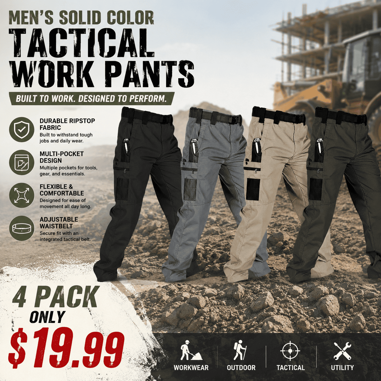 Men's Solid Color Tactical Work Pants Bundle Purchase