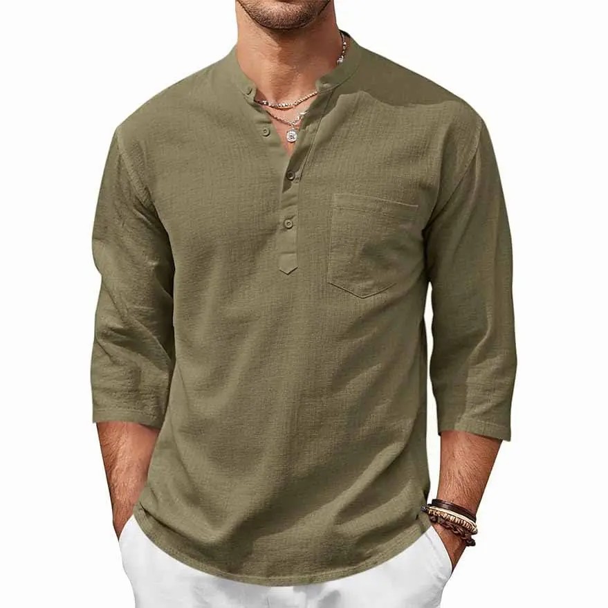 🌴🌴  Men's Coastal Henley Linen Blend Shirt – 3/4 Sleeve Summer Essential