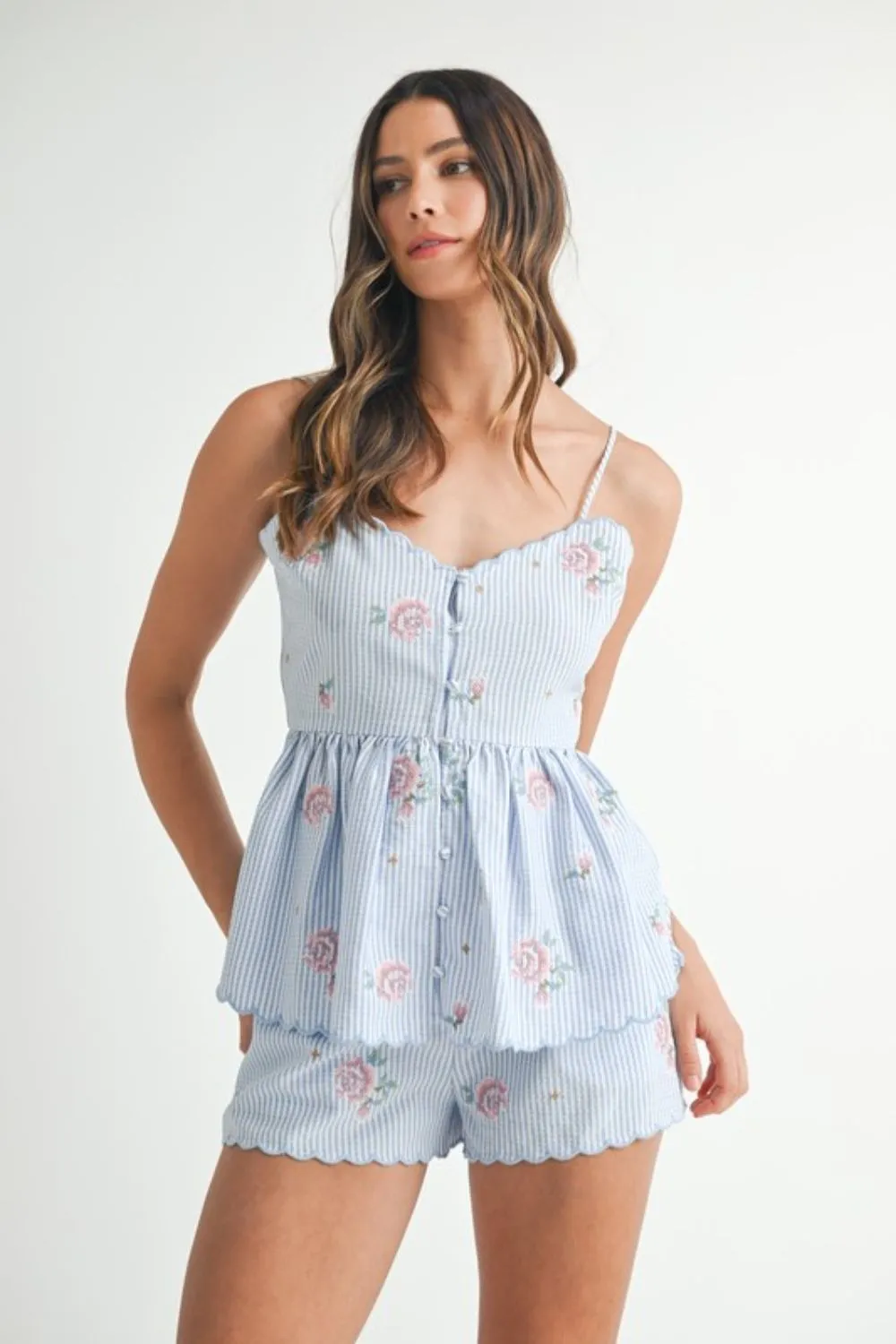 Stripe Embroidered Peplum Cami and Shorts Set