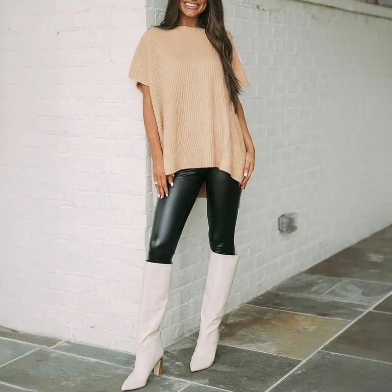 Women’s Crew Neck Short Sleeve Pullover Elegant Solid Color Knitwear