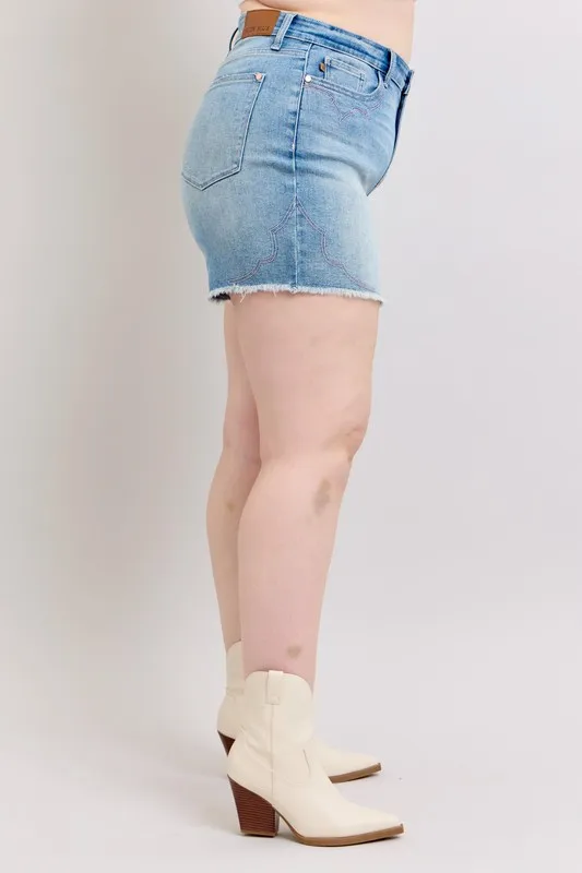 High Waist Western Embroidery Detail Cut Off Denim Shorts