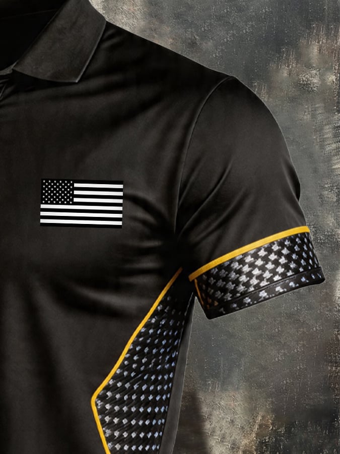 Men's Retro Patriotic Color-Block Short-Sleeve Polo Shirt