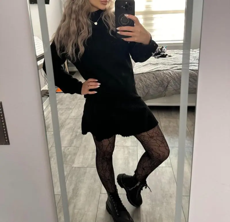 Women's long-sleeved sweater and mini skirt two-piece set