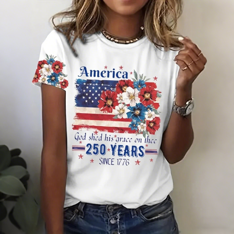 Ladies' Casual 250Th Anniversary Celebration Of The Founding Of The United States Floral Print Round Neck T-Shirt