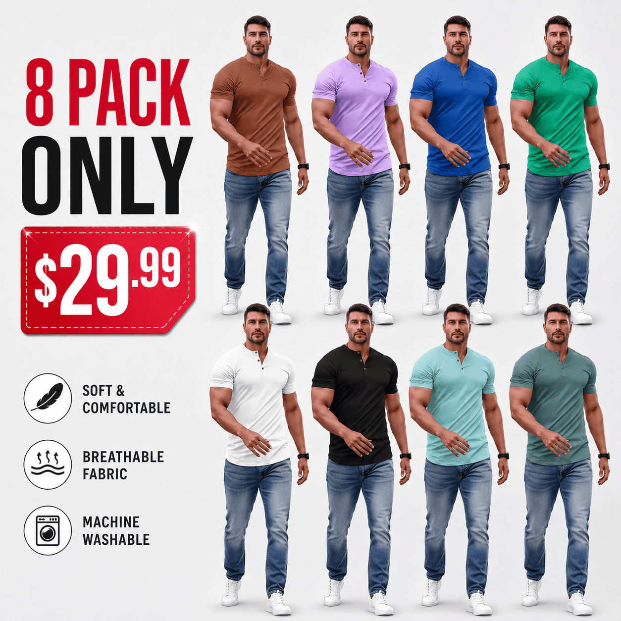 Men's Plain Muscle Slim Fitted Henley Shirts Crewneck Longline T-Shirt Gym Workout Athletic Shirt Tees
