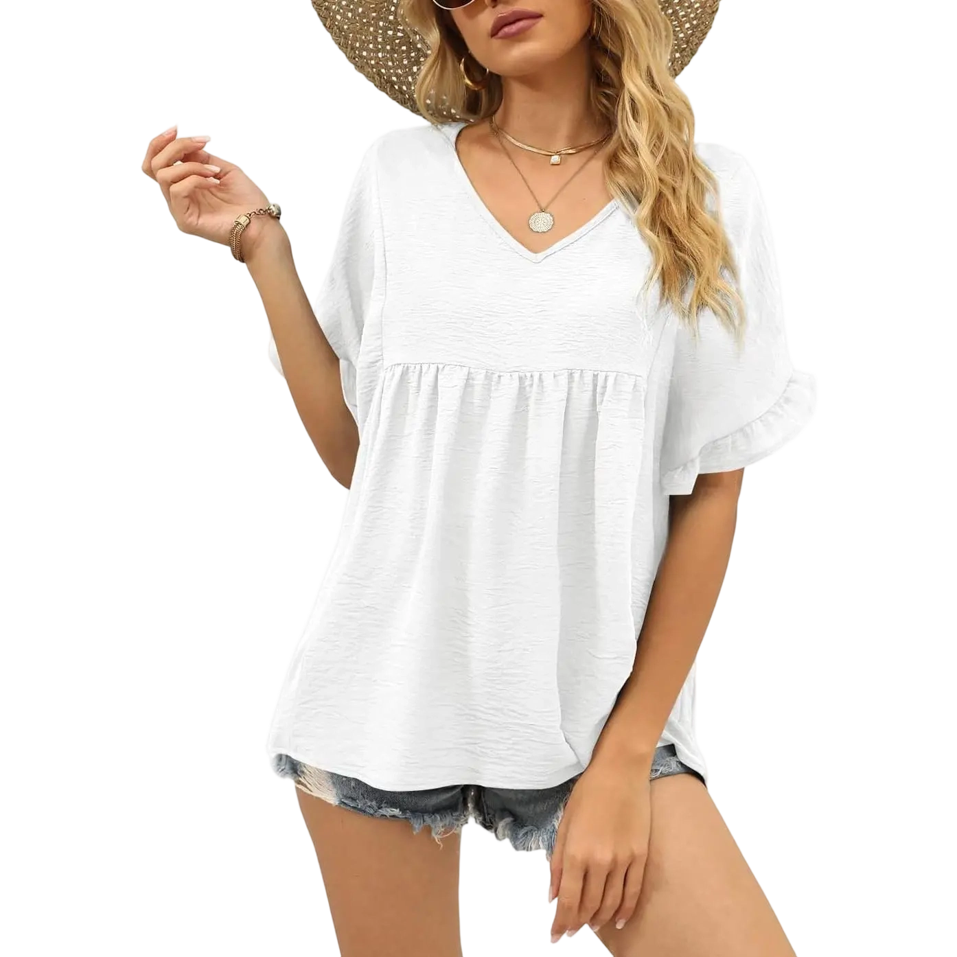 Womens Tops Casual V Neck Ruffle Sleeve T Shirts Babydoll Loose Fit Peplum Tops