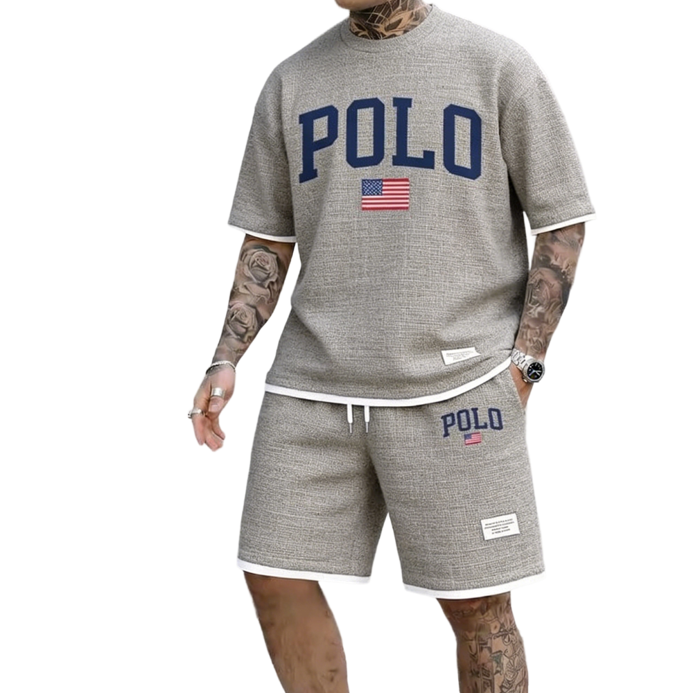 Men's Polo Print Drawstring Shorts Set