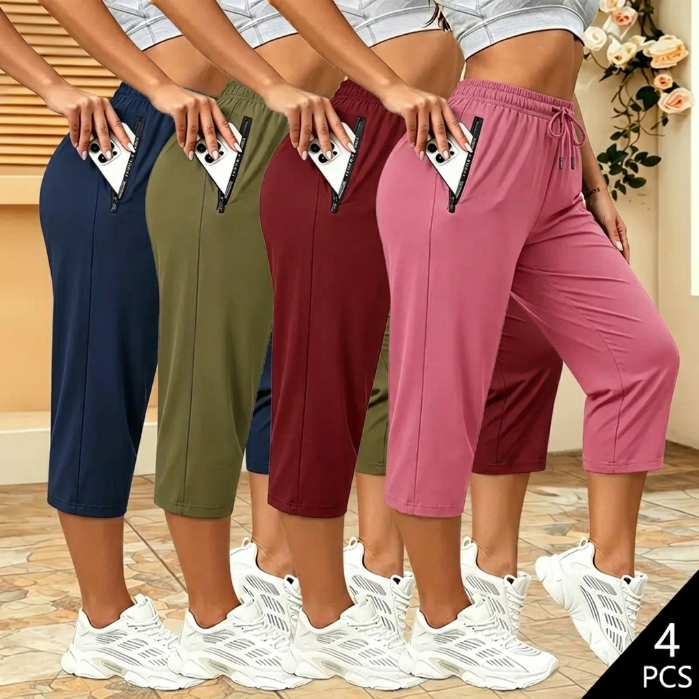 Women’s Capri Pants – Loose Fit, Summer Drawstring Waist, Zipper Pockets