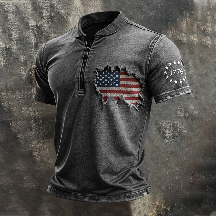 Men'S Retro Vintage Vintage American Flag Zipper T-Shirt