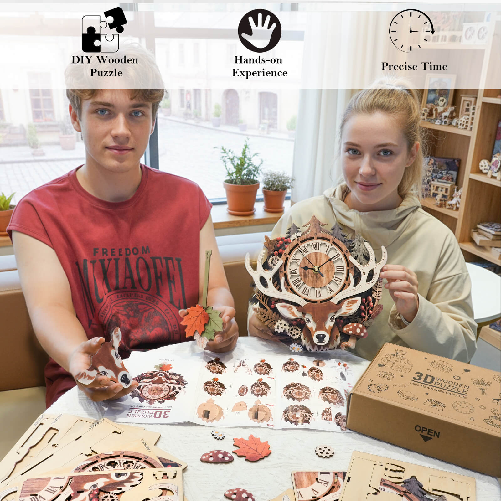 ReindeerDIY Wooden Clock, 3D Puzzle Craft Kit