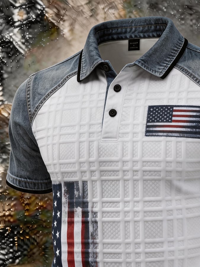 Men's American Flag Print Quilted Denim Spliced Polo Shirt, Slim Fit Western Style Short Sleeve Top