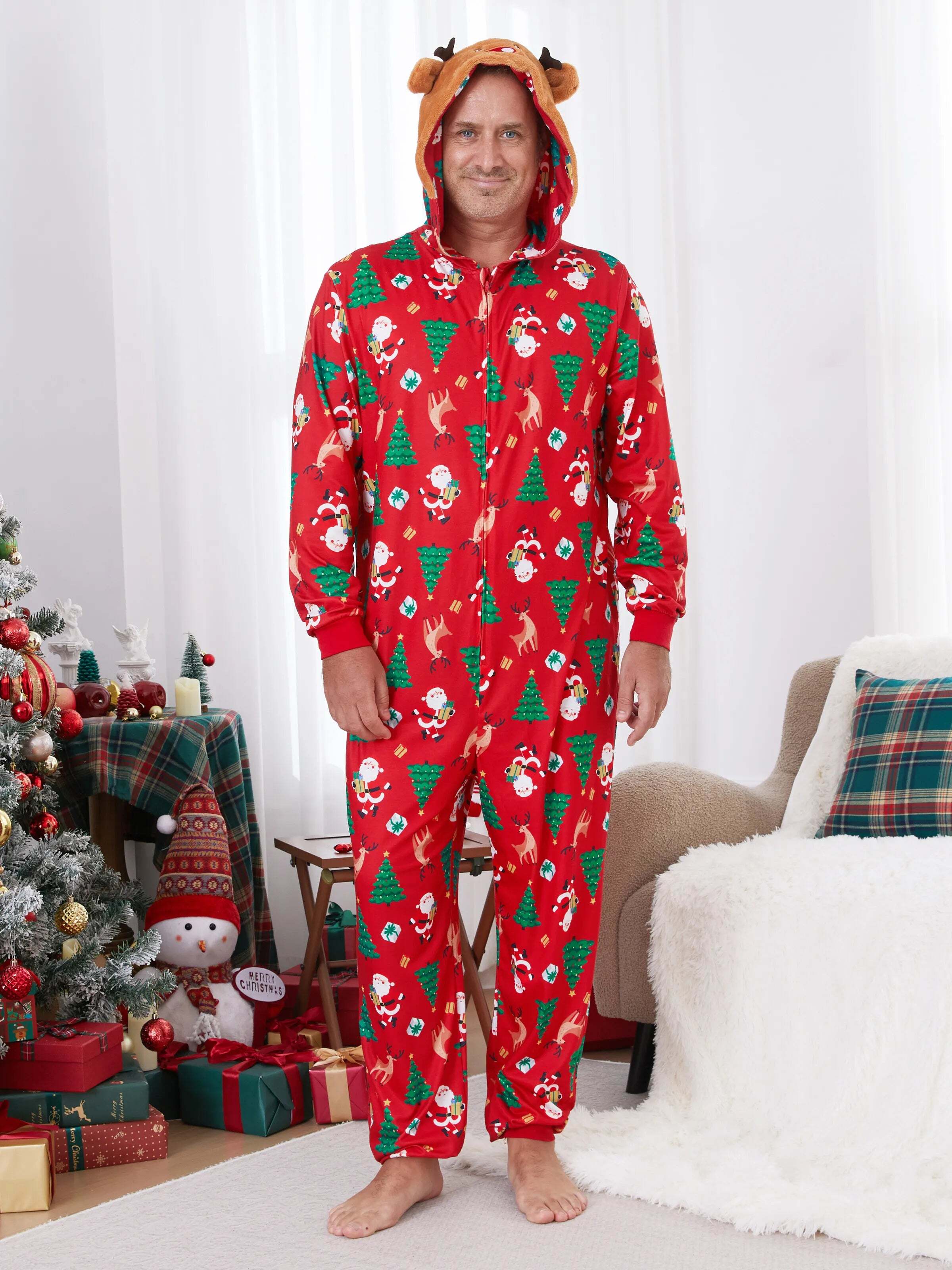 Christmas Family Pajamas Sets 3D Reindeer Hooded Allover Print Onesies with Christmas Socks Red-2