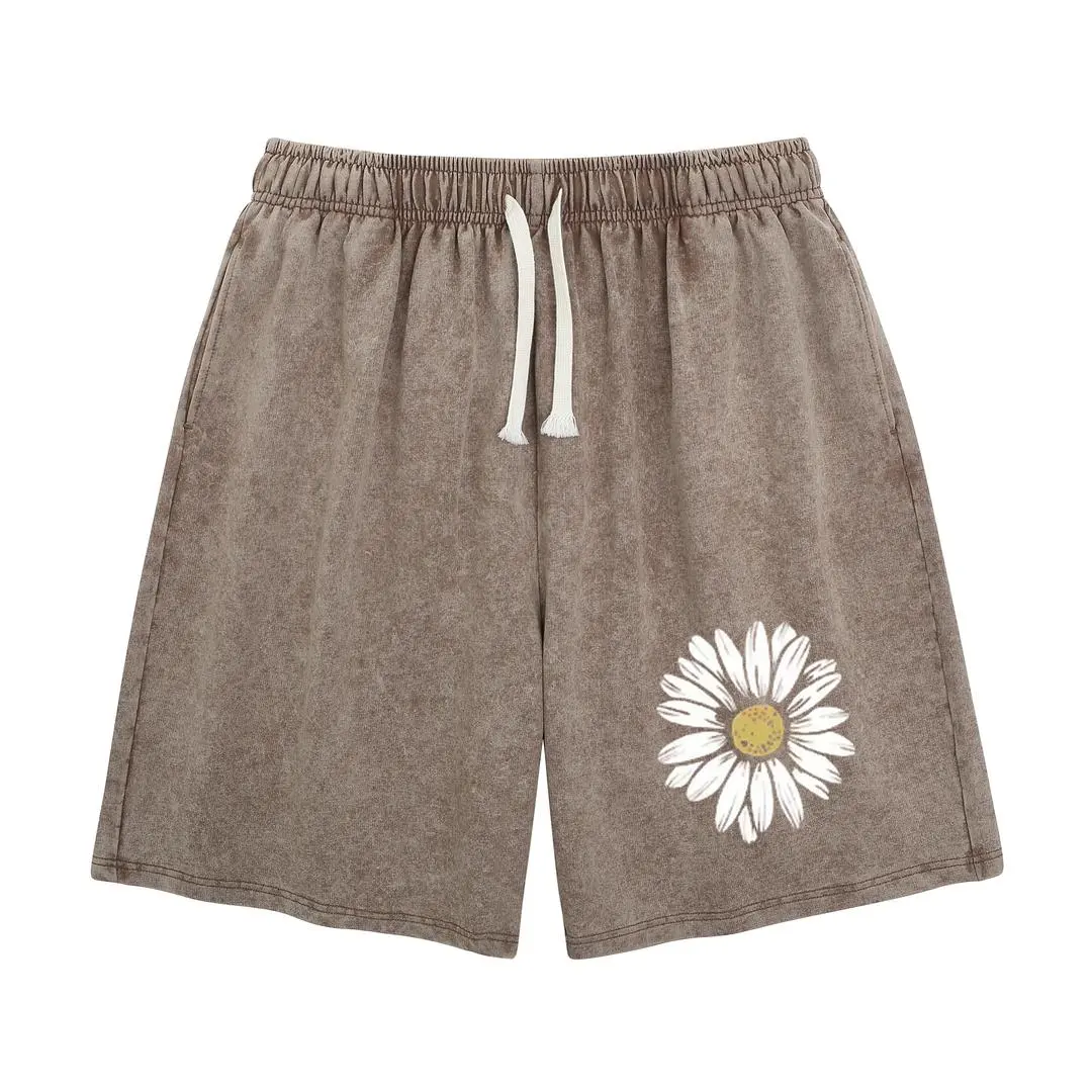 Summer Vintage Printed Acid Wash Sweat Shorts, Unisex Casual Streetwear Bottoms with Drawstring and Convenient Pockets baggy comfy