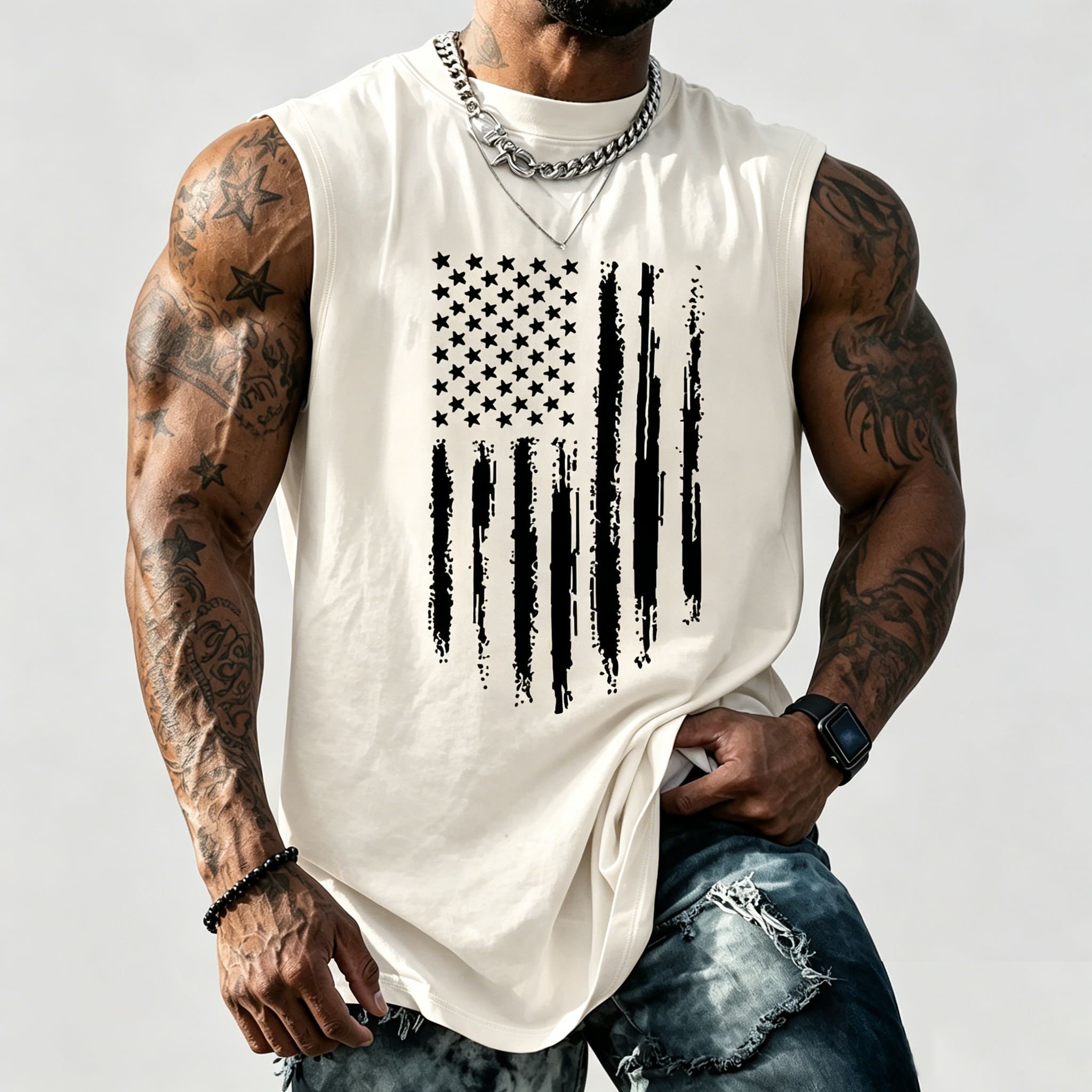 Men's American Flag Graphic Print Crew Neck Fitted Tank Top Vest