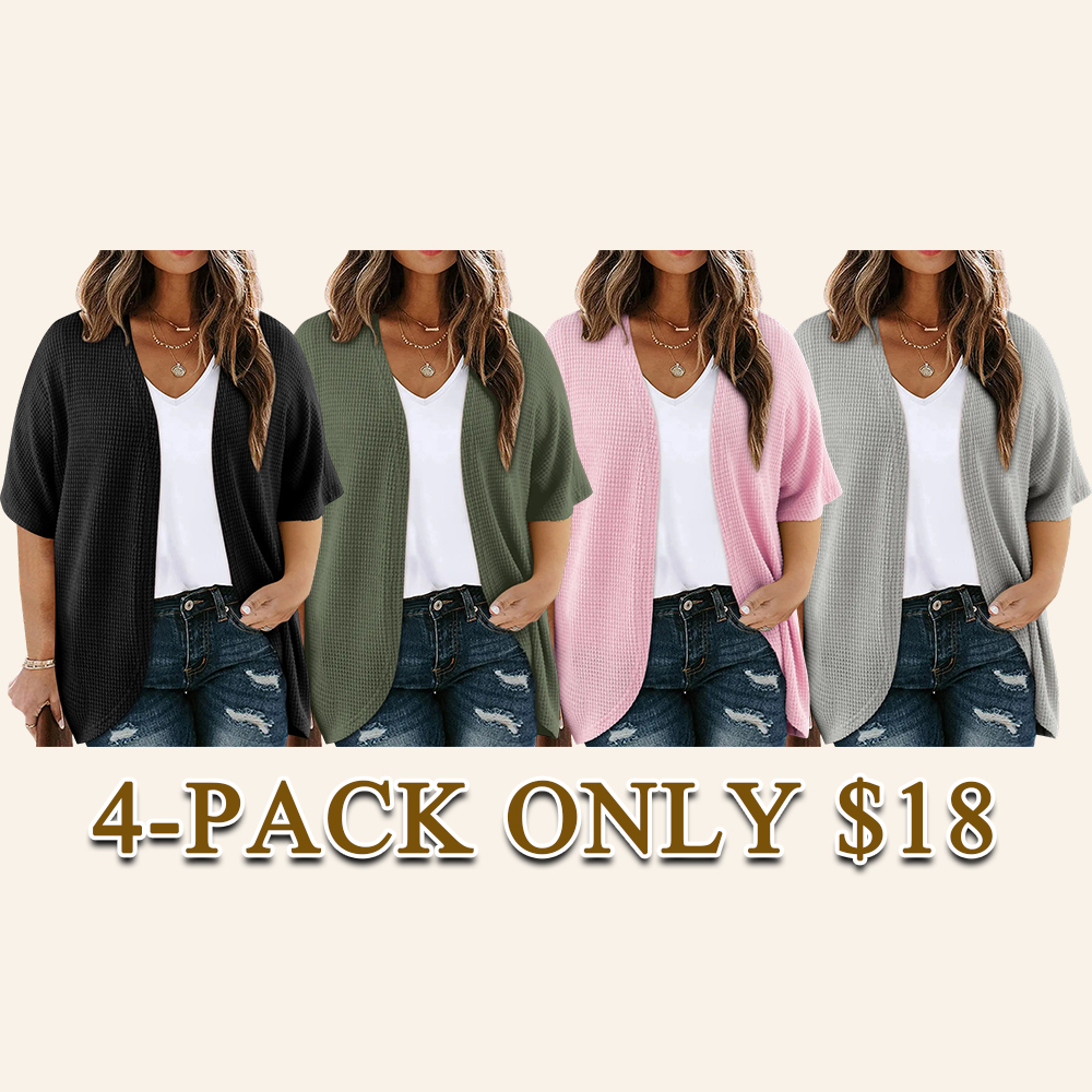 Women's Plus Size Cardigan Casual Short Sleeve Waffle Knit Kimono Open Front Tops(1X-5X)