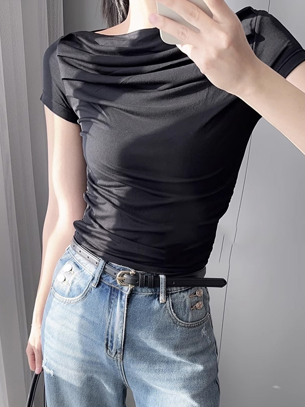 Pleated Solid Color Loose Short Sleeves Boat Neck T-Shirts Tops