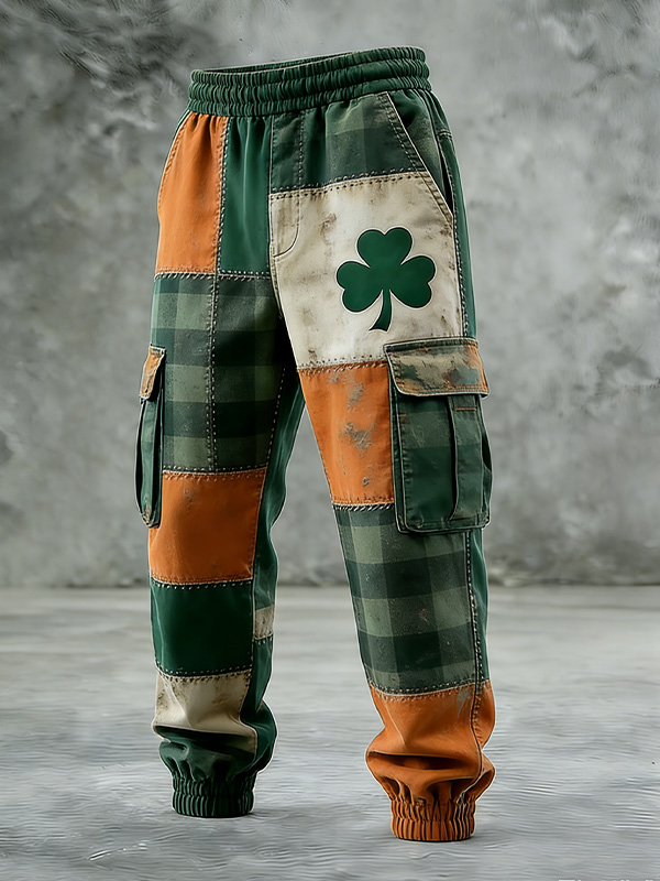 Men's St. Patrick's Day Lucky Clover Plaid Print Denim-Like Cargo Pants