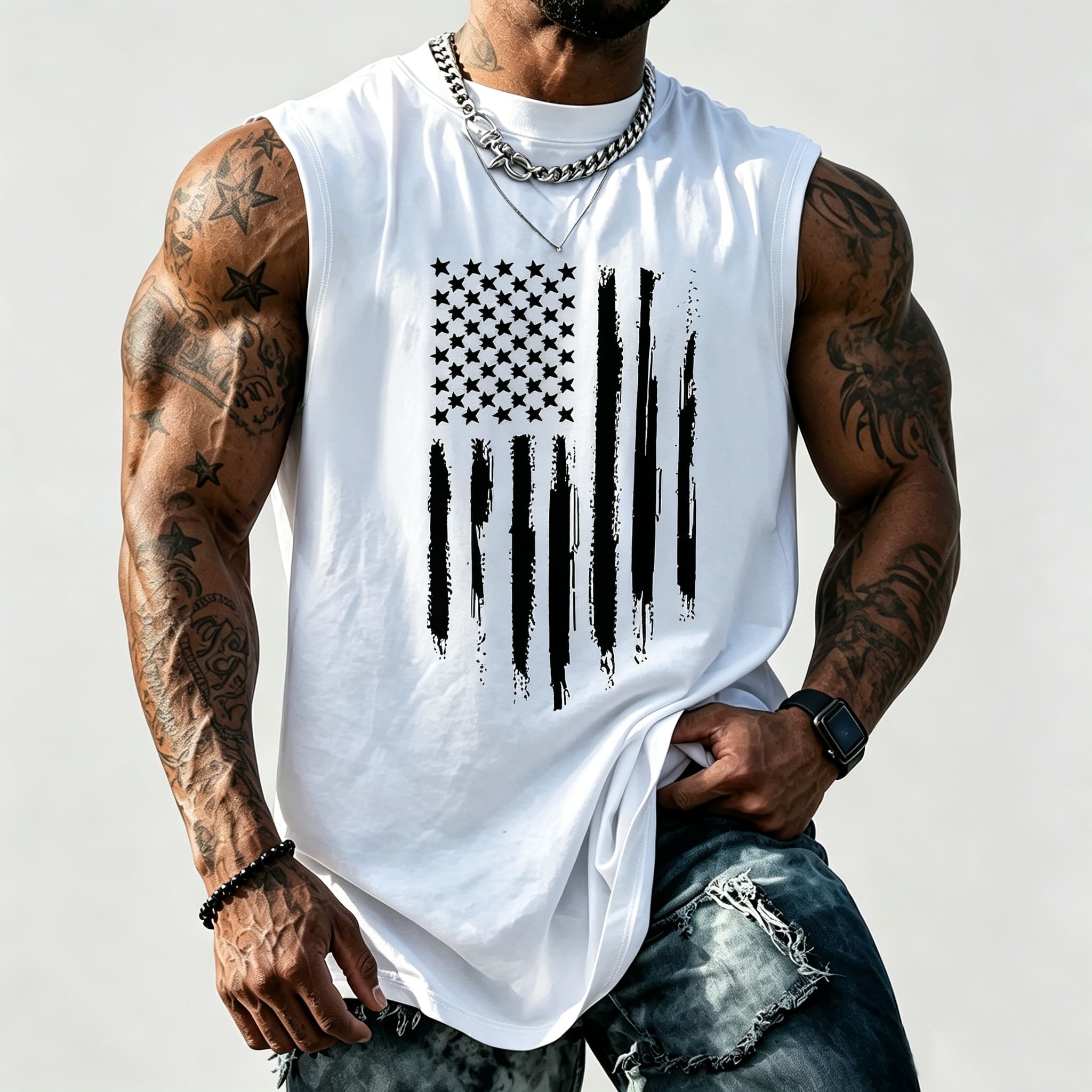 Men's American Flag Graphic Print Crew Neck Fitted Tank Top Vest