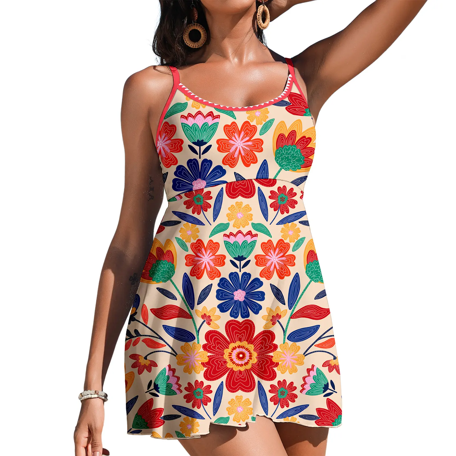 Women's One Piece Swimsuit Floral Print Whip Stitch Tummy Control Swimdress Skirt Bathing Suit with Pocket SwimWeek Vacationoutfits Summerstyle