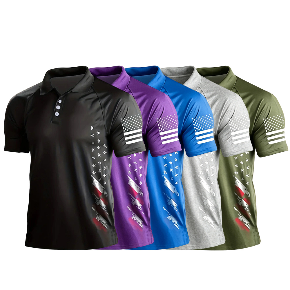 Men's American Flag Print Polo Shirt, Breathable Short Sleeve Casual & Semi-Formal Wear, Summer Top for Independence Day