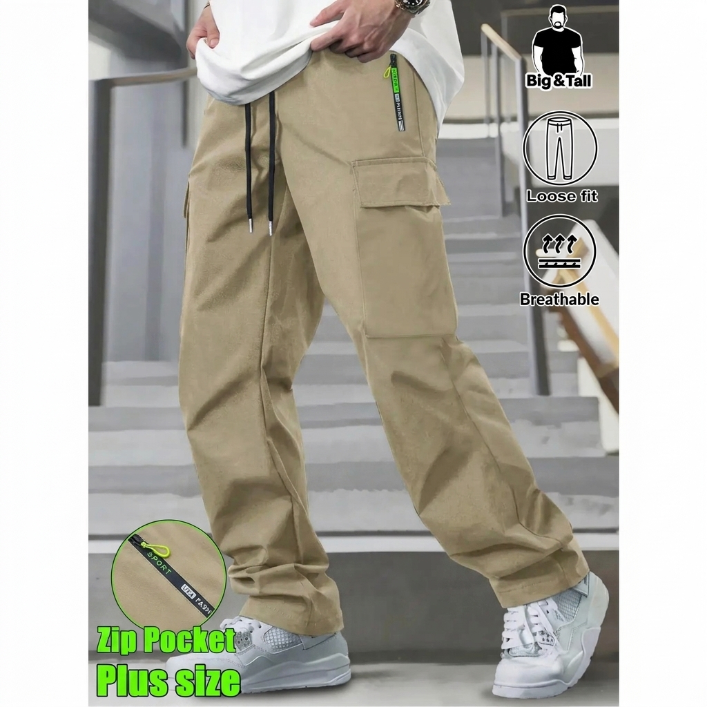 Men's Big & Tall Loose Cargo Pants – Elastic Drawstring Waist, Multi-Pocket, Breathable Streetwear Trousers