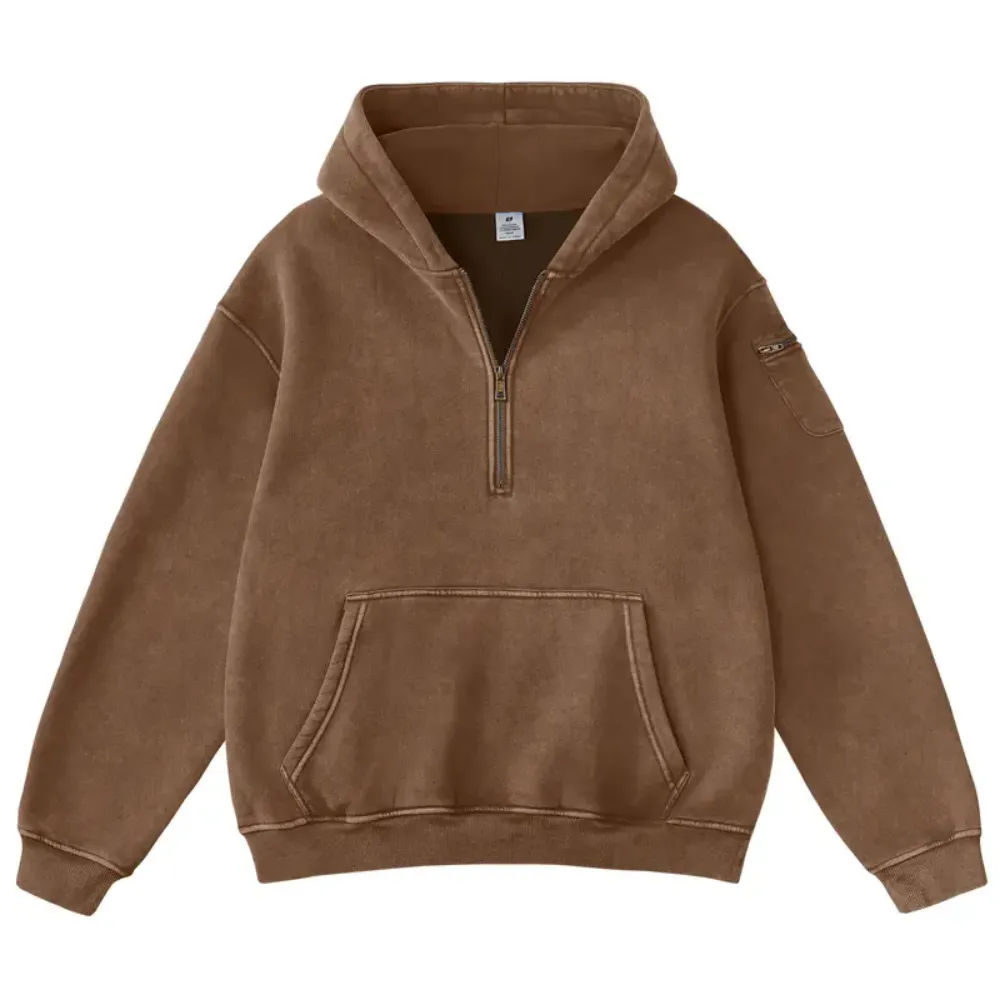 Unisex Vintage Acid Washed Half Zip Fleece Hoodie