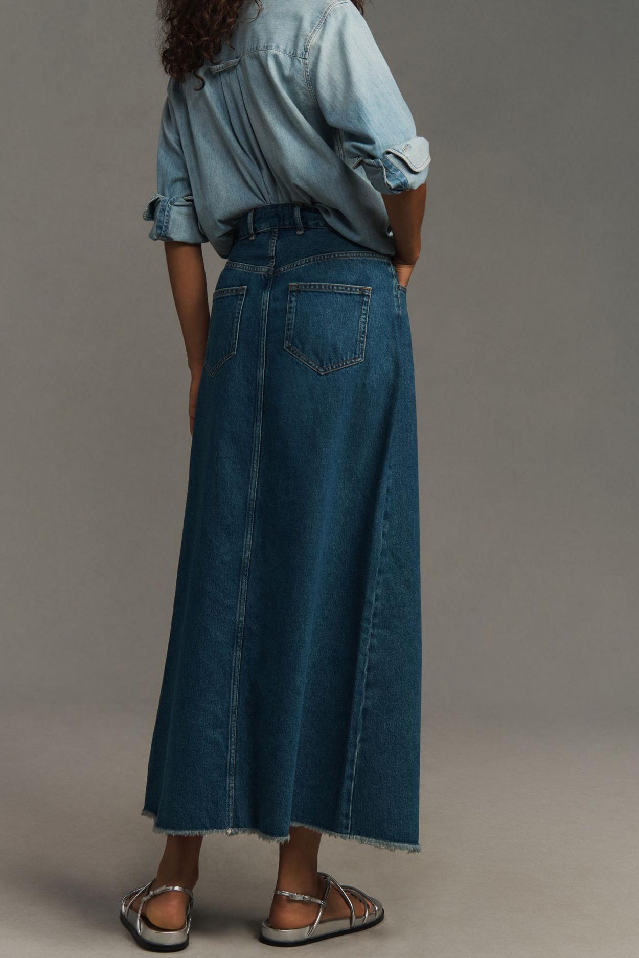 Denim Front-Slit Maxi Skirt