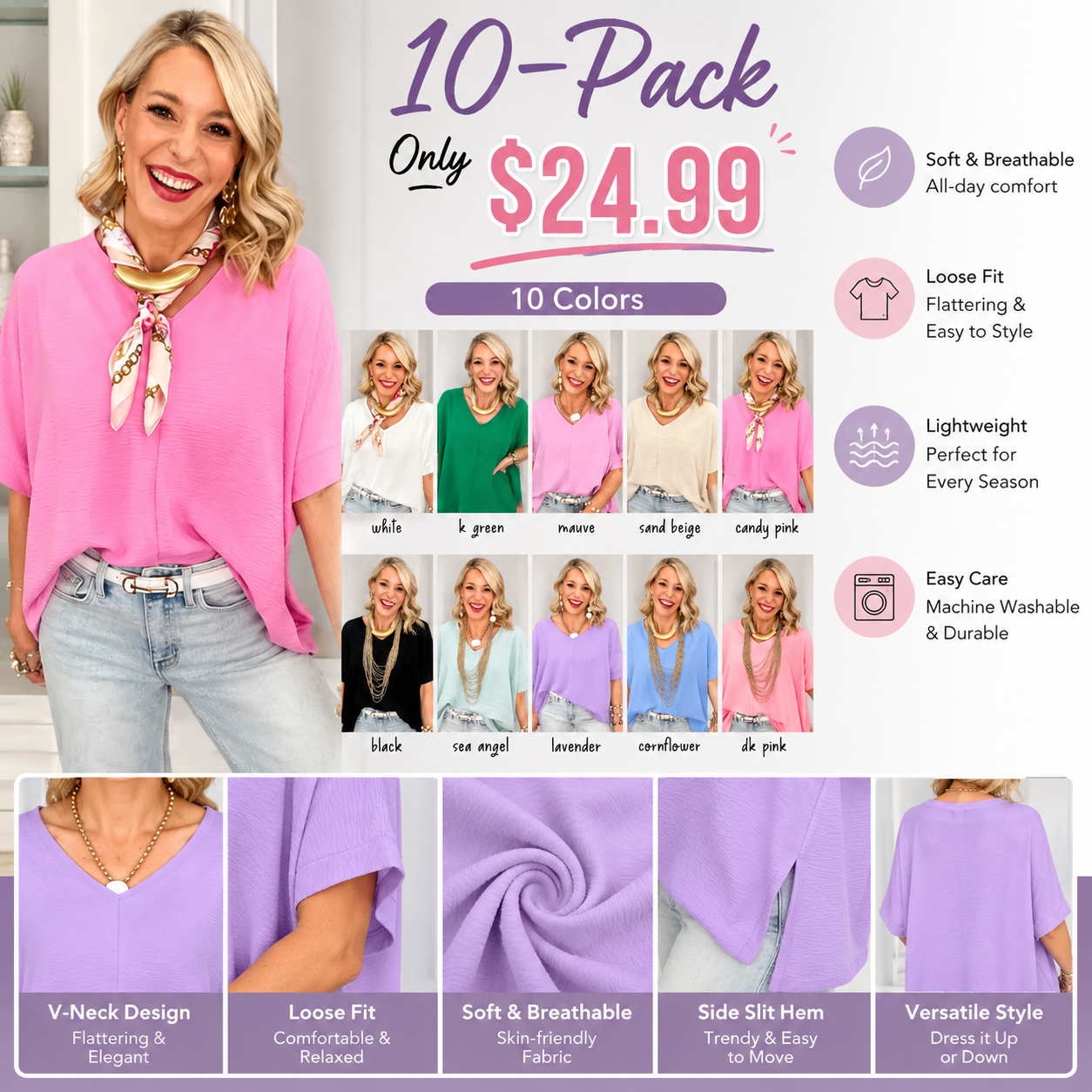Women’s Textured V-Neck Loose-Fit Blouse
