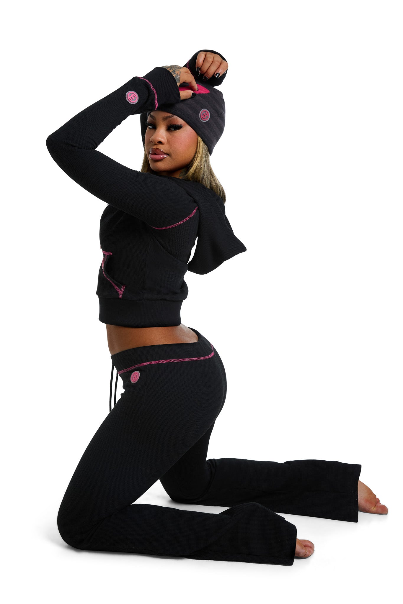 WAFFLE KNIT BOOT CUT PANTS (BLACK/PINK)