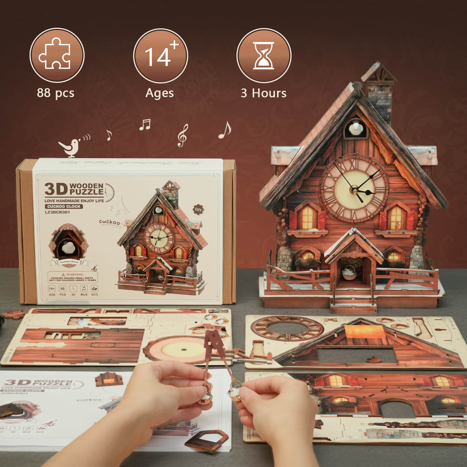 Cuckoo Chiming Swiss Chalet DIY Wood Clock, 3D Puzzle Kit