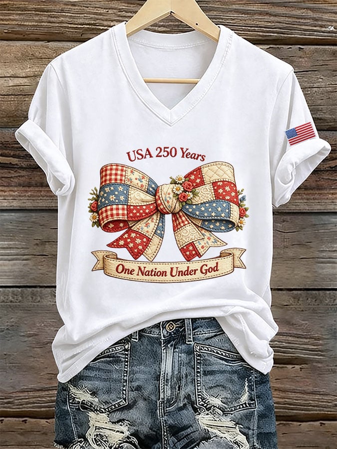 Women's USA 250 Years One Nation Under God Print V Neck T-shirt