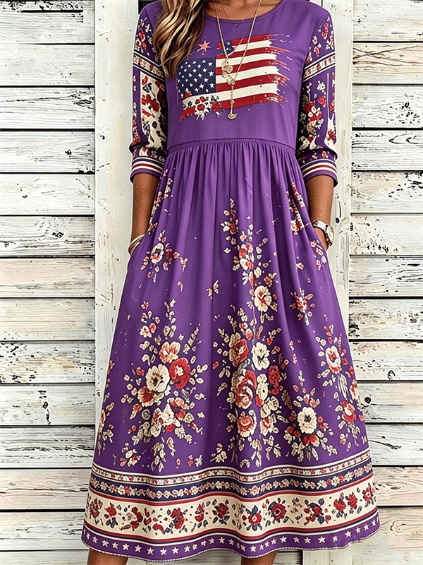 Women's Vintage American Flag Floral Print Midi Dress