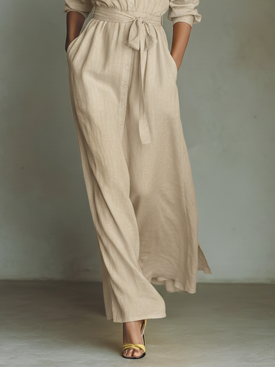 Women's Beige Linen Fabric Shirt Maxi Dress With Self-Tie Belt & Side Slit MDZ2103A1T