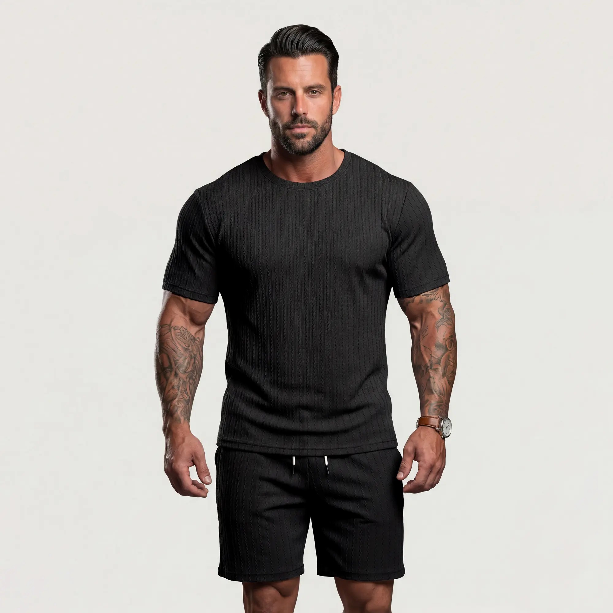 Men's Solid Textured Drop Shoulder Short Sleeve Tee & Drawstring Waist Shorts Set
