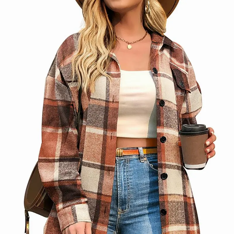 Women Plus Size Plaid Shacket  Coat