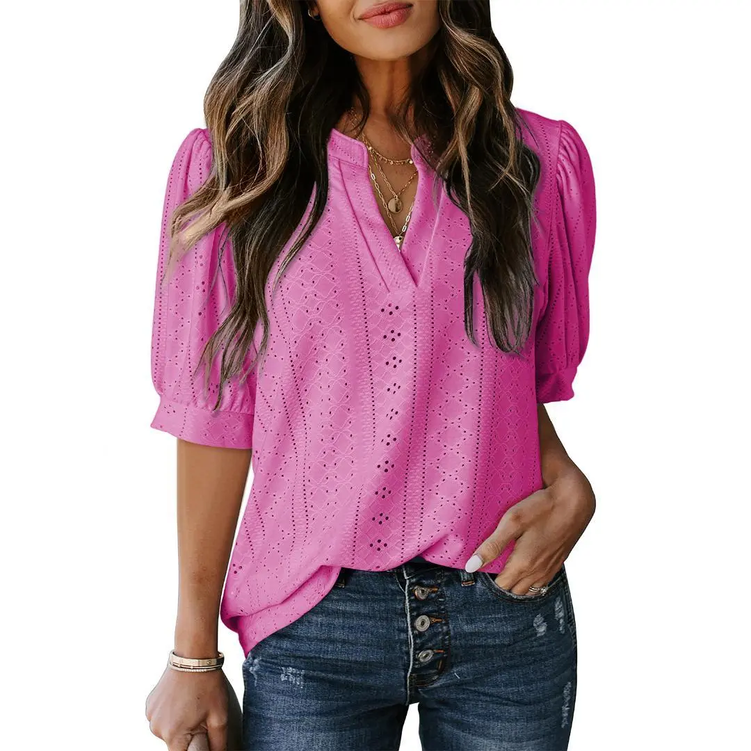 Women's Summer Business Casual Blouses V Neck Short Sleeve Shirts Hollow Out Cute Lace Tops Loose Fit Breathable Fabric