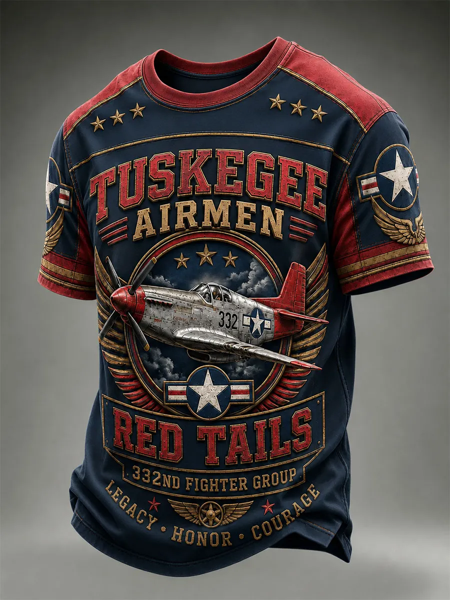 Tuskegee Airmen Red Tails Men’s Vintage Pilot Graphic T-Shirt