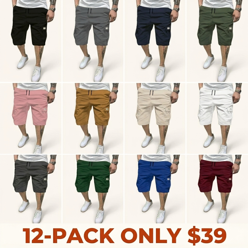 Men's slim-fit shorts—featuring multiple slanted pockets.