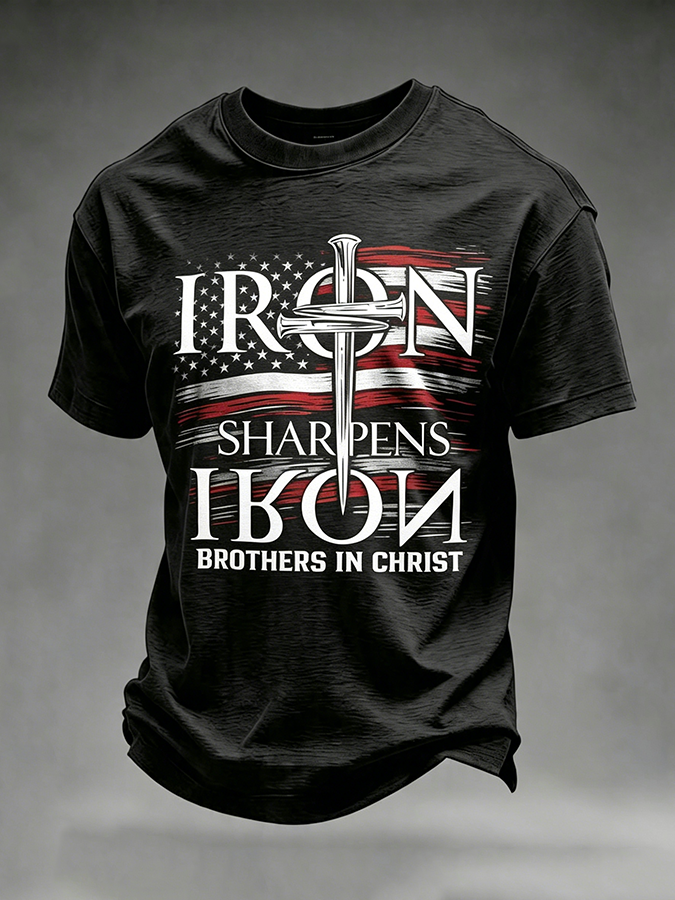Men's Iron Sharpens Iron Brothers In Christ USA Flag Christian T-Shirt