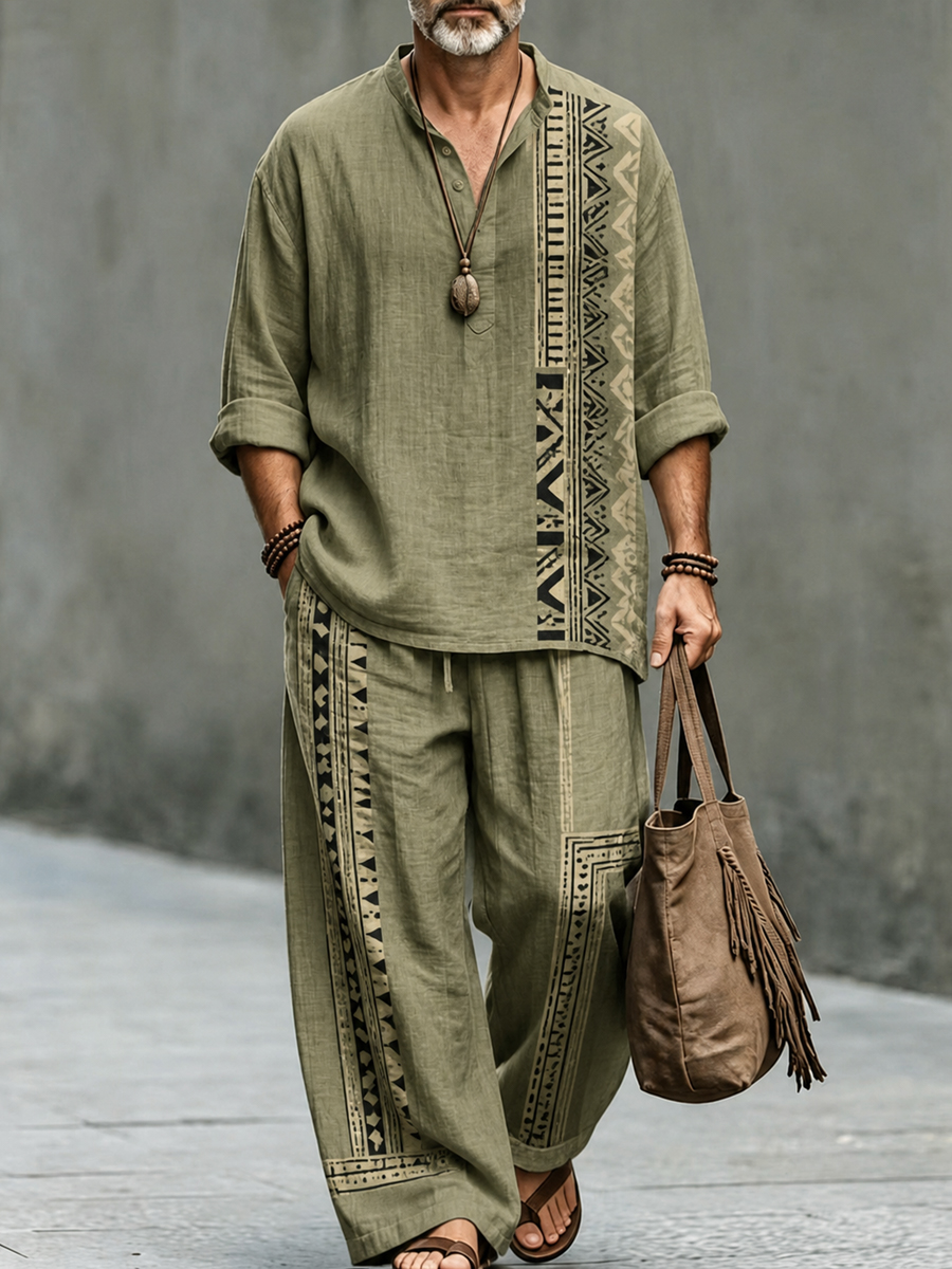 Men's Retro Geometric Art Print Casual Vacation Set