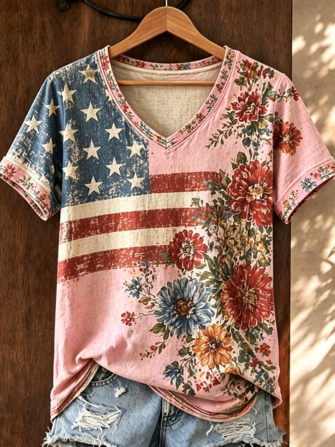 Women's Casual Retro Patriotic T-shirt